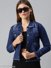 Dark blue denim jacket for women/girls, long sleeves, solid design. Perfect layering piece for summer and winter seasons