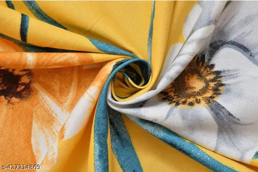 Yellow multi-colored Glace cotton flat sheet, floral print, single bed (60x90), includes 2 pillow covers, ideal for summer adult use, Indian handloom