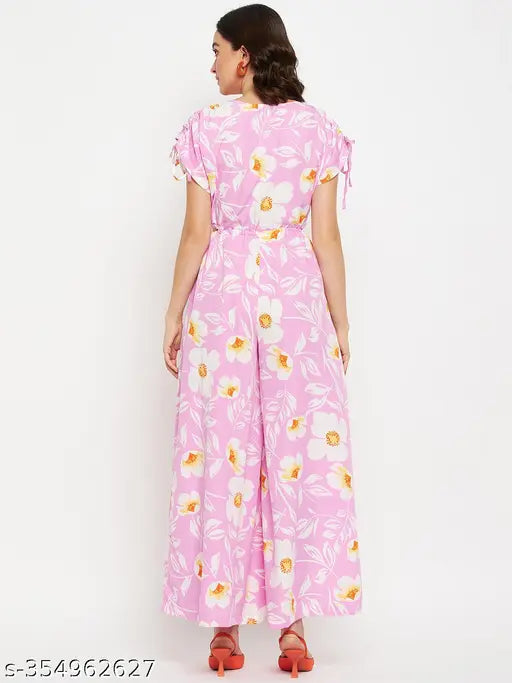 Pink crepe Fashfun jumpsuit with floral print, short sleeves, women's fashion on mannequin (S: 34-28-54, M: 36-30-54, L: 38-32-54, XL: 40-34-54) from India