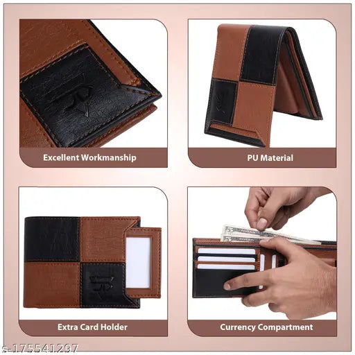 Faux leather square ATM wallet for men, colorblock design with durable cloth lining, featuring 3 card slots, ID holder, secret pockets, coin pocket, and currency compartments. Made in India