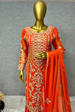 Embroidered georgette 3-piece kurta set with sharara and dupatta, Indian heavy embroidery fashion on mannequin