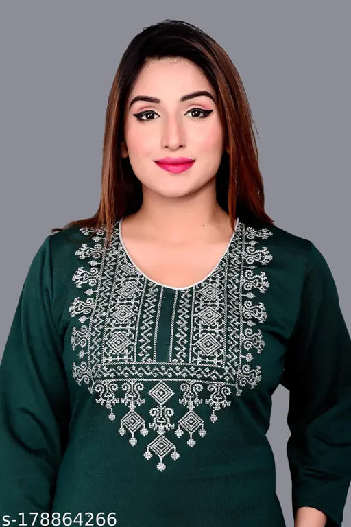 Woolen kurtis women & girls, three-quarter sleeves, embroidered pattern. Wool, warm winter fashion. India origin