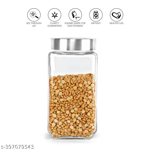 Transparent BPA-free glass kitchen storage jars (pack of 6), ideal for pickles, beans, and dry fruits, cube shape, modular organizer