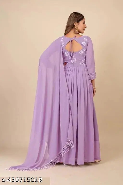 Georgette embroidered work gown with less border dupatta set, printed in vibrant Indian patterns, available in sizes S-XXXXL