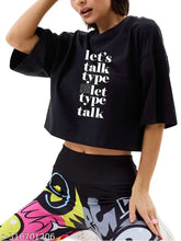 Black cotton blend round neck half sleeve crop top t-shirt with stylish printed design, ideal for girls/women's street-style look