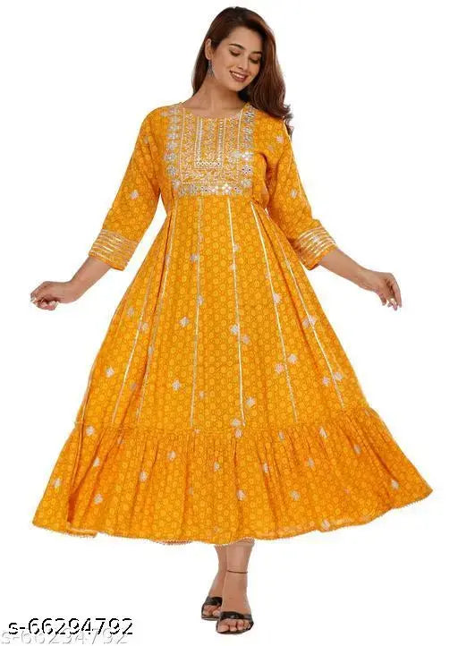 Yellow rayon embroidered Anarkali Kurta by Bablu Garments - three-quarter sleeves, breathable fabric, Indian handcrafted embroidery