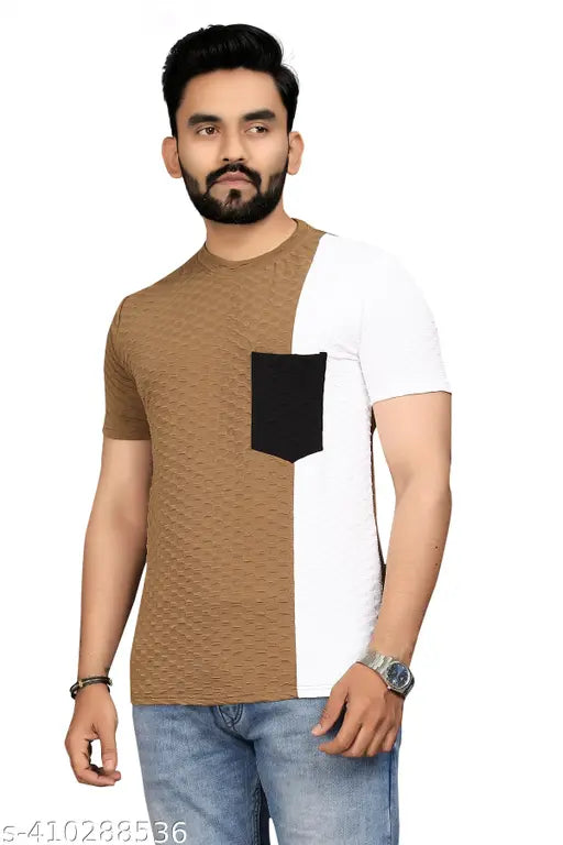 BeigeWhite Colorblocked Poly Cotton Men's T-Shirt, 100% breathable & comfortable for daily use