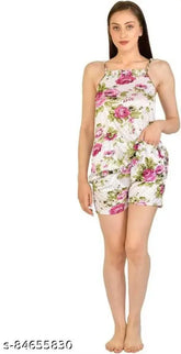 Cotovia women's satin-polycotton nightsuit with spaghetti top and shorts, sleeveless, printed net design, size S/M/L/Free Size, Indian origin