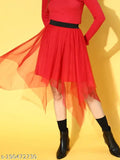 Red net solid asymmetric skirt for women, gorgeous, 1 quantity, size 26/28/30/32/34 (waist 26in/28in/30in/32in/34in, length 34in), Indian origin