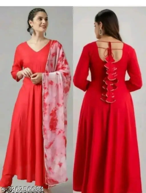 Red rayon long anarkali kurta with dupatta set jumka, solid pattern, traditional Indian women's outfit for formal events