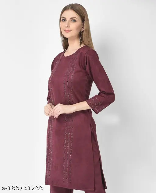Velvet embellished fleece kurti for women's winter wear, three-quarter sleeves, XS to XXXL