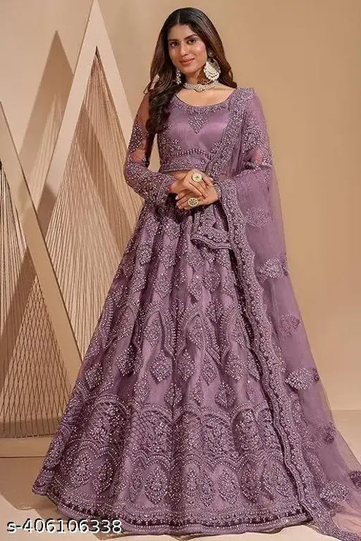 Indian designer net lehenga with embroidery, best for weddings. Free size, 44in waist and length, dupatta 2.15in