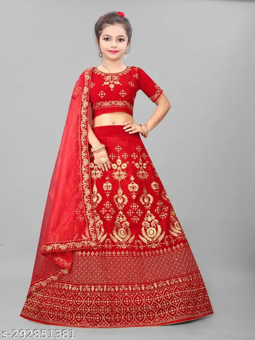 Velvet red semi-stitched lehenga choli with jacquard embroidery, festival wear for girls aged 3-12 years