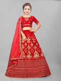 Velvet red semi-stitched lehenga choli with jacquard embroidery, festival wear for girls aged 3-12 years