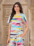 Printed polycotton night suit with ankle-length bottoms, side pockets, elasticated sides, and drawstring waist - versatile sleepwear or loungewear from India