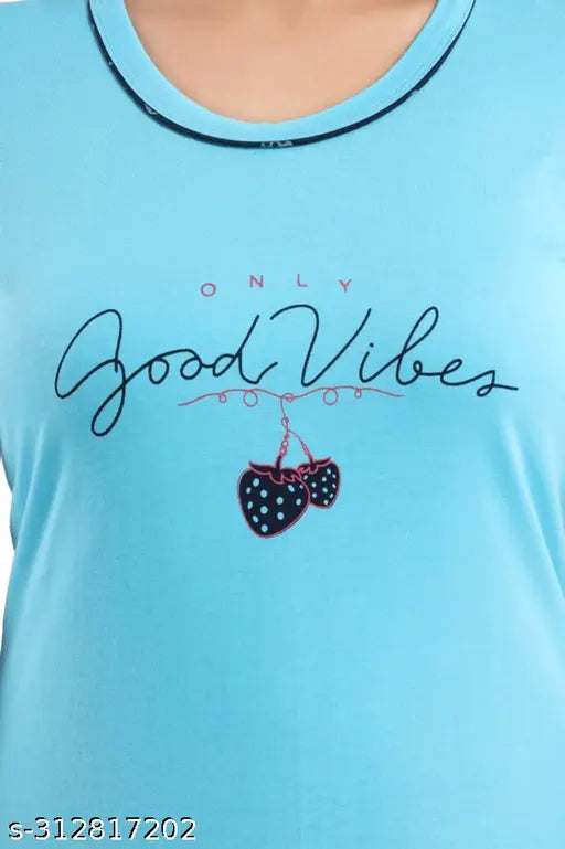 Skyblue hosiery cotton printed half sleeve T-shirt & pants nightsuit set for ladies, comfortable sleepwear with feminine details & roomy fit