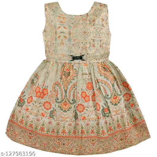 Silver rayon printed net knee-length dress for baby girls (rna003org), perfect for 2-3, 4-5, or 5-6 years old, made in India