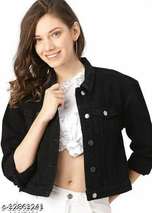 Denim trendy jacket for girls, solid color with long sleeves. Exclusive range of women's and girls' coats from India." (125 characters)