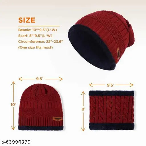 Arcylic unisex woven winter cap & scarf set, soft wool & fur inside - warm & stylish accessory