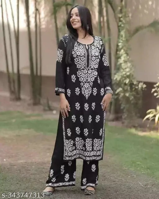 Rayon Indian Chikankari embroidered kurti and palazzos set for women's parties, three-quarter sleeve rayon fabric