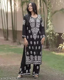 Rayon Indian Chikankari embroidered kurti and palazzos set for women's parties, three-quarter sleeve rayon fabric