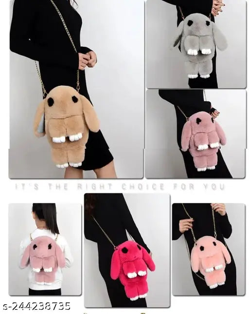 Synthetic fluffy bunny sling bag, perfect for casual outings, soft handbag for girls featuring 1 compartment, self-design net pattern, removable strap, and a charming rabbit design from India