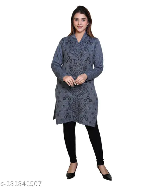 Woolen straight-cut Kurta, printed combo, long sleeves, free size (18in bust, 36in length). Warm winter wear for women, made in India