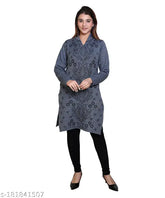Woolen straight-fit women's Kurta, printed design in winter color for daily wear, office, or party. 100% wool, free size (Bust 18in, Length 36in), warm and comfortable for chilly weather