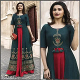 Tanjans blue rayon anarkali kurta, gold print, office-ready, daily wear, wedding-worthy