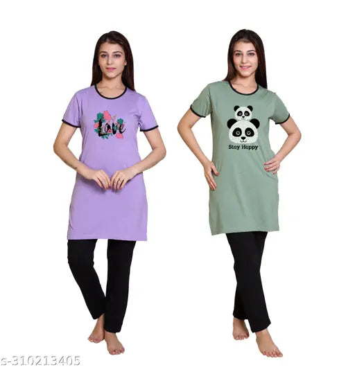 AZF Summer Sleepwear printed breathable cotton blend round neck nightsuits (pack of 2) for women & girls, perfect for hiding tummy and shaping body line, made in India