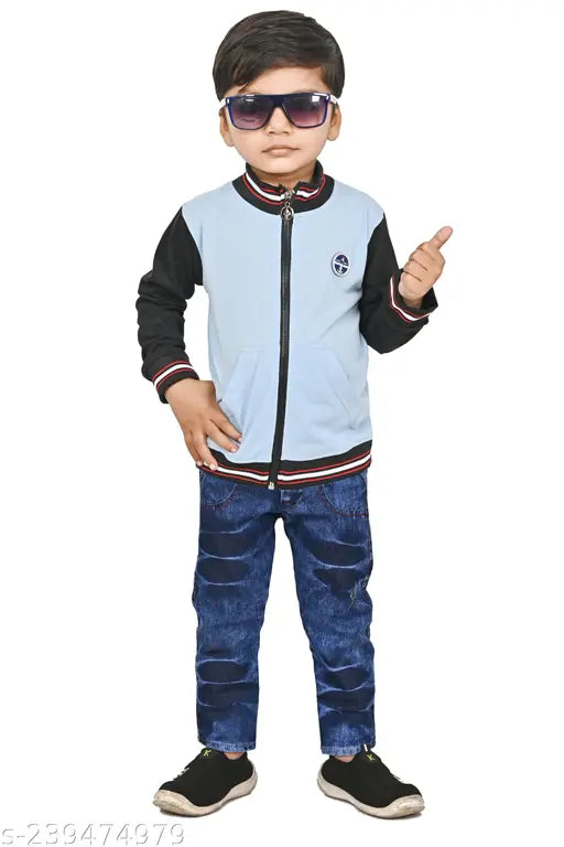 Cotton blend long sleeves kids boy's jacket in light blue-black solid pattern, trendy and comfortable for daily wear