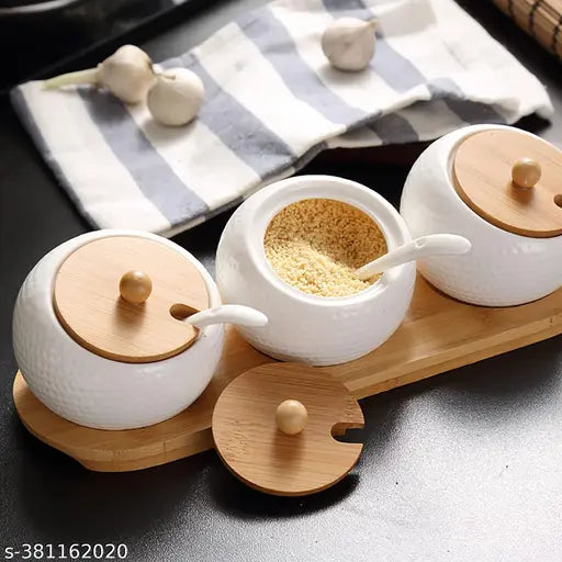 Ceramic FS COOL condiment set with tray, includes salt container and pickle jars for dining table. Stylish ceramic storage jars with stackable wooden tray