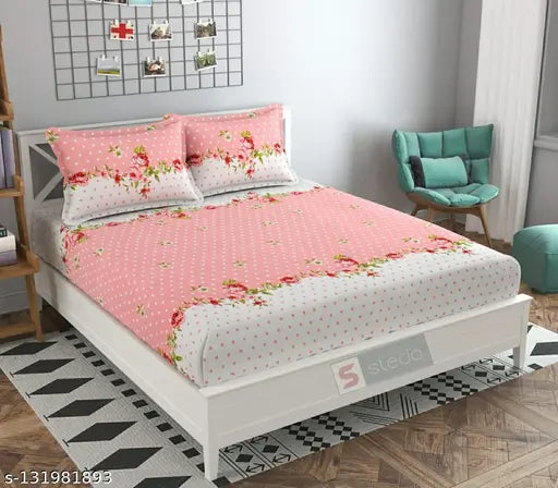 White and floral printed, elastic fitted cotton bedsheet for double bed with 2 pillow covers. Premium quality, comfortable, and durable. Made in India
