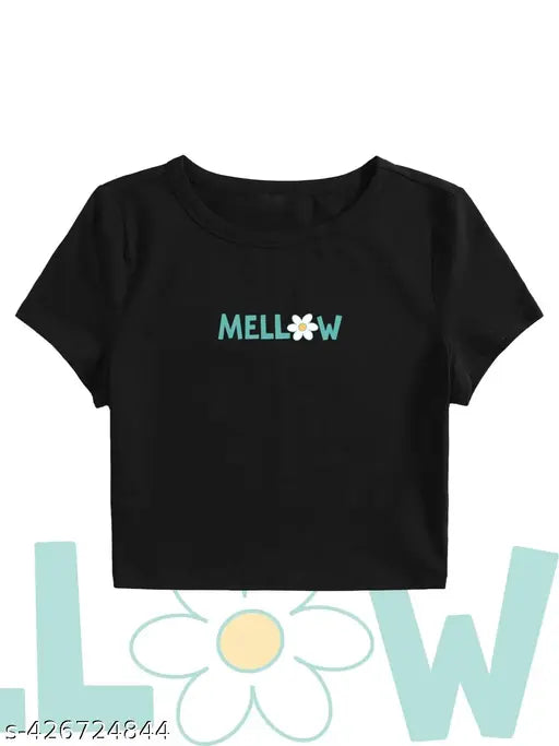 Women's crop printed cotton t-shirt, short sleeves with vibrant print, XS (34in bust, 16in length)