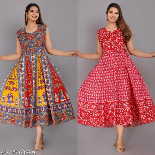 Multicolored cotton printed round neck midi dress (M, L, XL, XXL, Free Size), flared sleeveless design, mandala pattern. Stylish women's gown for regular wear, trending on Gillkart