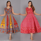 Stylish multi-colored cotton printed round neck midi dress for women, perfect for regular wear and events. Comes in multiple sizes (M, L, XL, XXL, Free Size). Indian origin