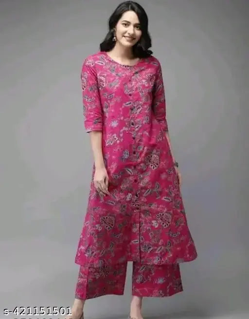 New Pink Rayon Kurta set with Palazzos, three-quarter sleeves, printed net design