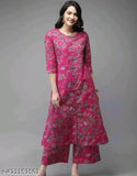 New Pink Rayon Kurta set with Palazzos, three-quarter sleeves, printed net design