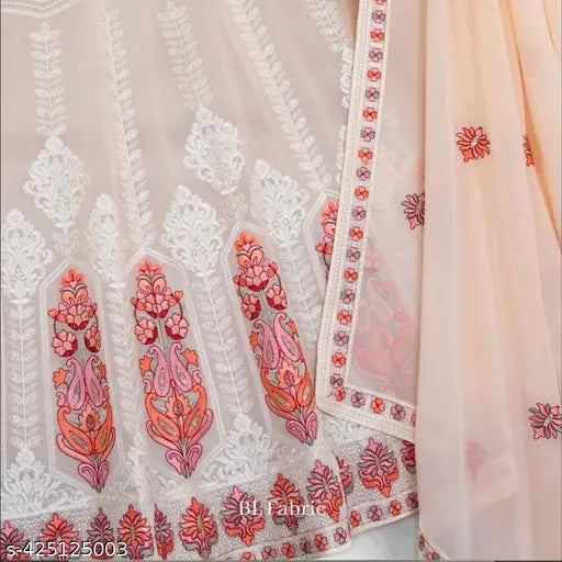 Embroidered georgette women's heavy lehenga-choli set, semi-stitched with waist size 42in and free size available, origin India