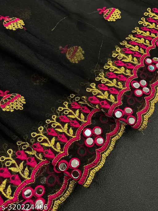 Golden Super Net mirror work saree with separate dupion silk blouse, intricate embroidery and cutwork border