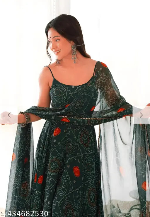 Green georgette printed anarkali gown for women, sleeveless western gown on mannequin