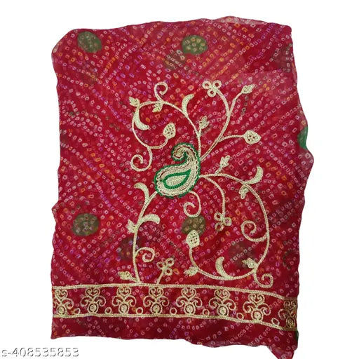 Georgette Rajputi Poshak for women, embellished with Aari and stonework, semi-stitched set (Lehenga: 39in, Duppatta: 2.2in)