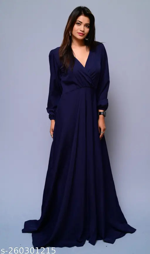 DIYAZ Party wear crepe cross gown, solid color formal wear for women, long sleeves, XS-XXXL sizes