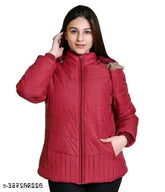 Red nylon quilted winter jacket with long sleeves, size L (bust 40in, length 26in), made in India