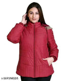 Red nylon quilted winter jacket with long sleeves, size L (bust 40in, length 26in), made in India