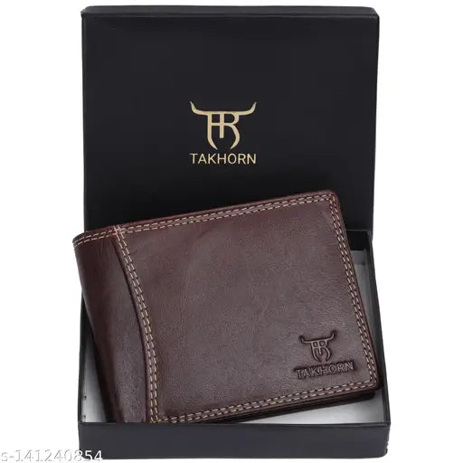 Brown leather RFID blocking men's wallet, 6 card slots, slim design with stitching details