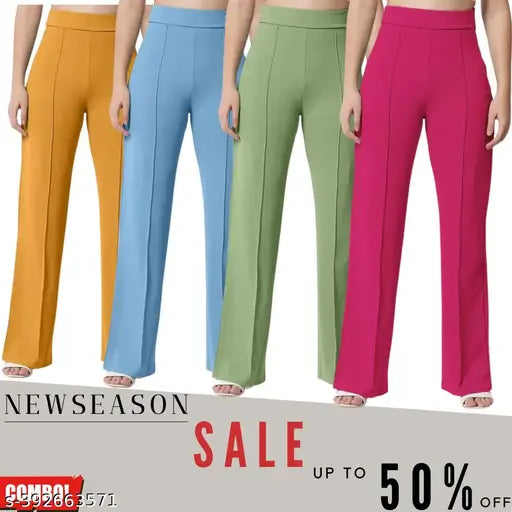 Vintage-style cotton blend classic bootcut bellbottoms trouser pants combo of 4 for women & girls, high-rise and exquisite