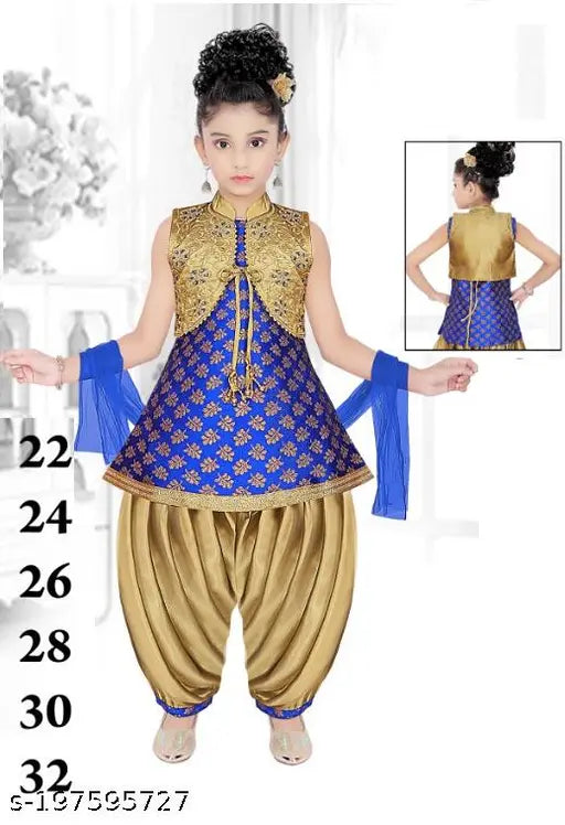 Blue printed designer patiala suit for girls by RK Collection - Cotton blend with dupatta, anarkali shape, above knee length, sleeveless, Indian ethnic kids wear