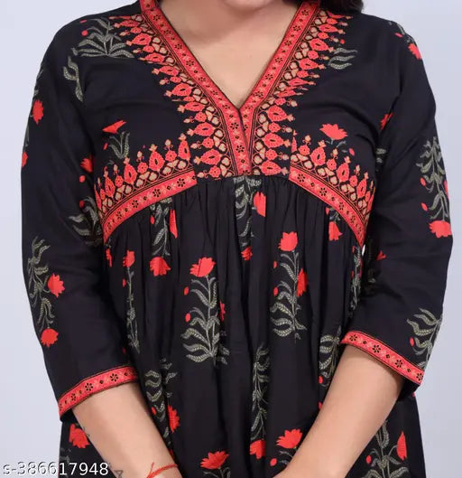 Black women's floral print cotton rayon anarkali kurta, trendy and elegant fashion statement on a mannequin