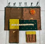 Art Silk, unstitched South Indian Style Half Saree featuring Zari pattern, includes choli, dupatta, and belt. Lichi silk fabric, 3.6m length